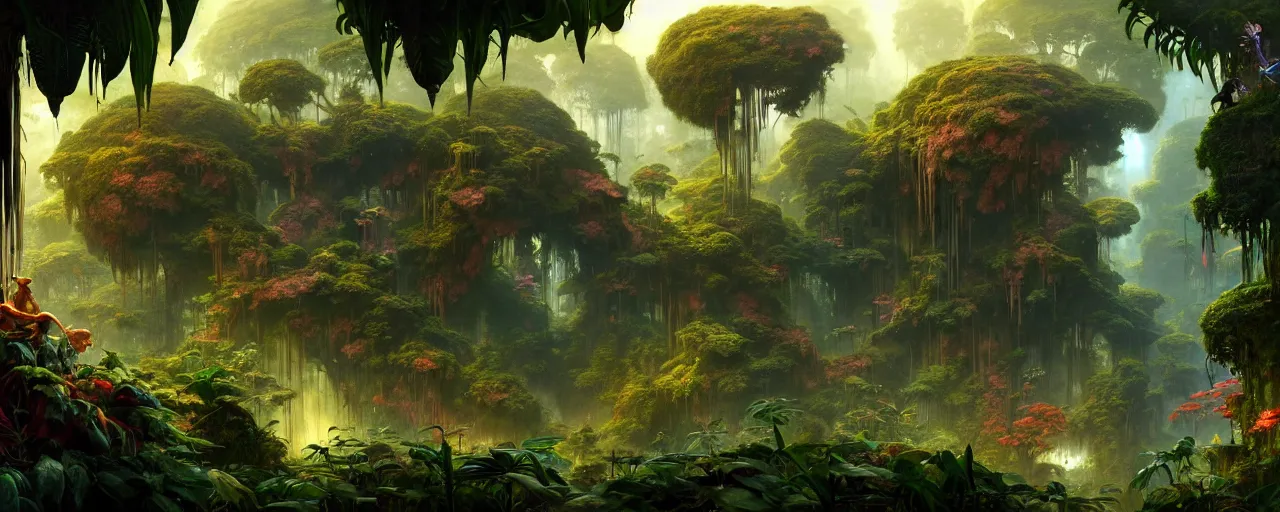 Prompt: A multidimensional overgrown fantasy jungle, screenshot from hidden object game, cinematic lighting, epic composition, cartoon, animation, background art, post processing, 8K resolution, elegant, highly detailed, digital painting, artstation, concept art, matte, sharp focus, illustration, art by Frank frazetta and moebius, Peter mohrbacher and John William Waterhouse