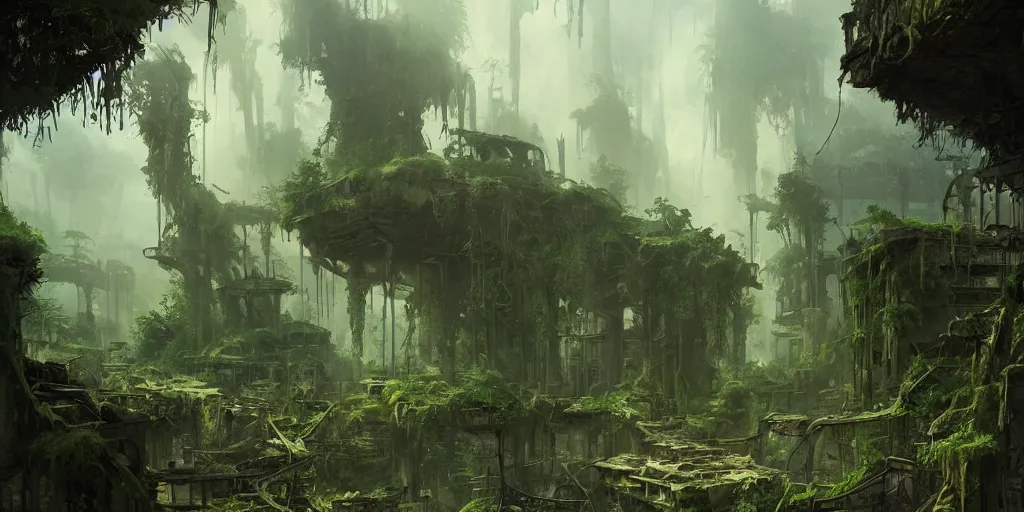 Image similar to concept art of an abandoned city in ruins, overgrown by a lush green forest, dramatic lighting, trending on Artstation, 8k, highly realistic, hyper detailed, unreal engine 5, IMAX quality, photorealistic, cinematic, epic lighting, in the style of Peter Mohrbacher and Peter Gric