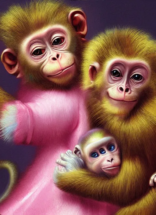 Prompt: baroque rococo painting Royal Holy Fancy Baby Monkey Hildebrandt Lisa Frank high detail cute adorable whimsical up close simian ape monkey ribbon pink fur fantasy art