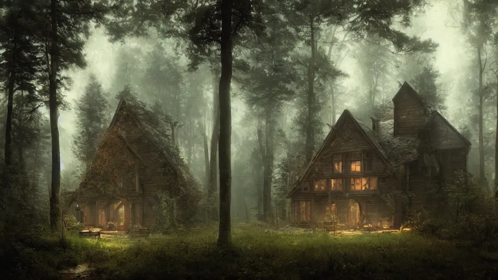 Prompt: [ a cabin in the woods, where the old druid lives ] andreas achenbach, artgerm, mikko lagerstedt, zack snyder, tokujin yoshioka