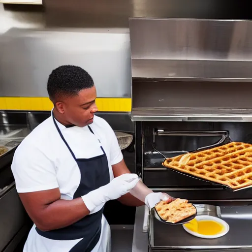 Prompt: wafflehouse restaurant employee inside a Wafflehouse cooking food on a Wafflehouse flat top grill