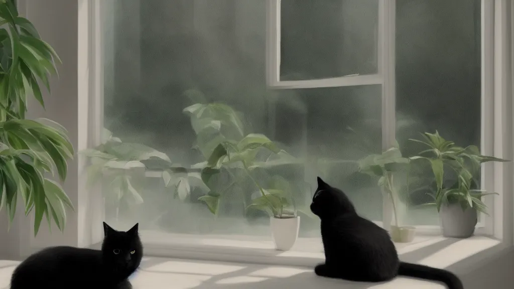 Image similar to beautiful peaceful dreamy painting of a content black cat sitting by a window and looking outside, sunshine coming through the window, small plants on the window sill, 8k, hyper realism, trending on artstation, octane render