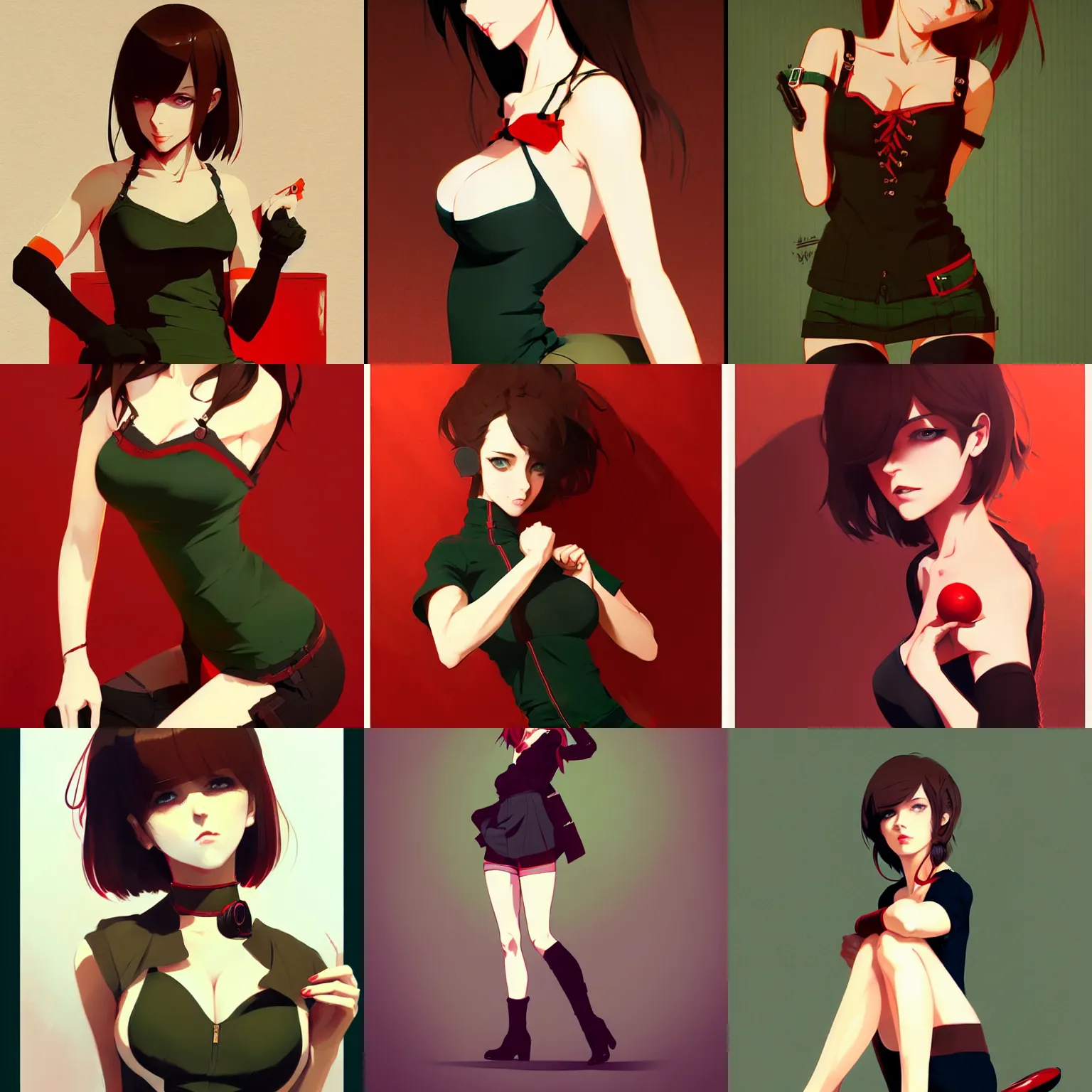 Prompt: gorgeous woman with brown hair and green eyes, wearing a camisole and boots, red and black color palette, in the style of and ilya kuvshinov and greg rutkowski, high quality anime artstyle, intricate