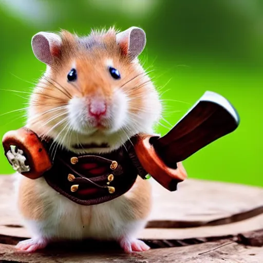 Image similar to a hamster in a viking costume with an axe and a helmet