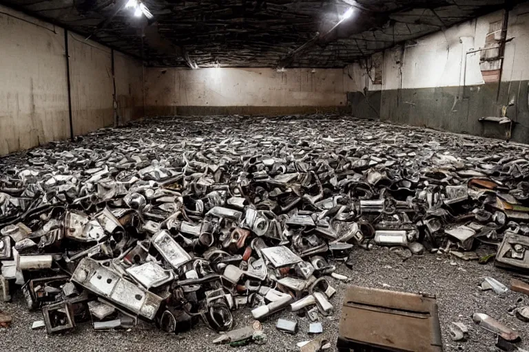 Prompt: an abandoned industrial basement lit by a pile of CRT's, unsettling image