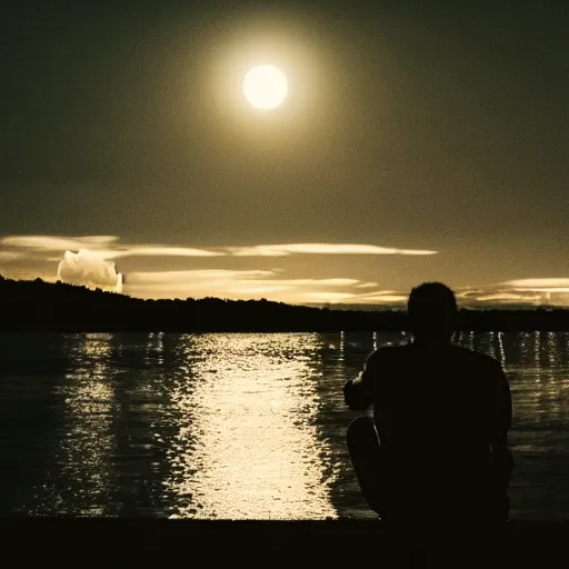 Prompt: a man siting in front of water looking at the moon light in the night