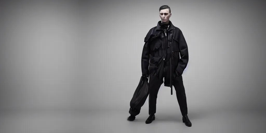 Prompt: photo of a avant garde designer menswear jacket inspired by dutch police jackets, 4k, studio lighting, canon eos 6d, ƒ/8