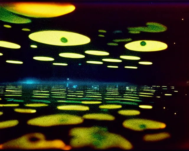 Image similar to low angle shot of a space port at night, aquatic plants, coral, shabby chic, cinematography by Jim Jarmusch, composition by Hale Woodruff,in the style of Nan Goldin, set design by Antonin Gaudí, 35mm, graflex, color film photography