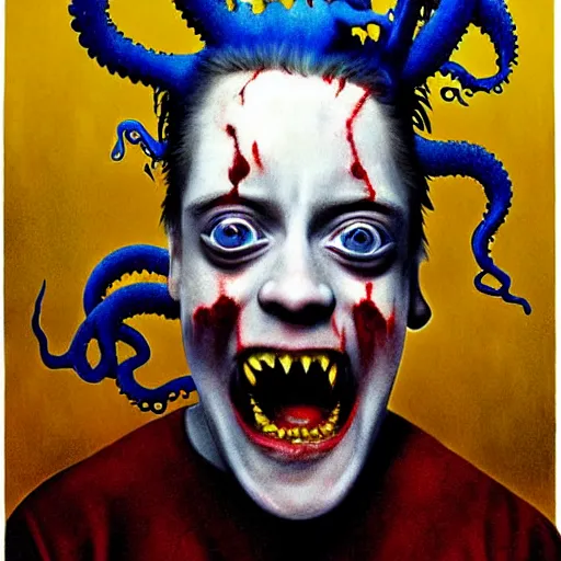 Prompt: macaulay culkin's horror version. an unnatural abomination, an unsightly mass of hooves, tentacles, eyes, and teeth. grunge, horror, dmt, dark and muted colors, detailed airbrush art, by yves klein