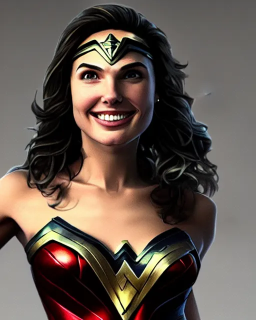 Image similar to cu portrait photo of a smiling gal gadot playfully sticking out her tongue while dressed as wonder woman, photorealistic, trending on artstation