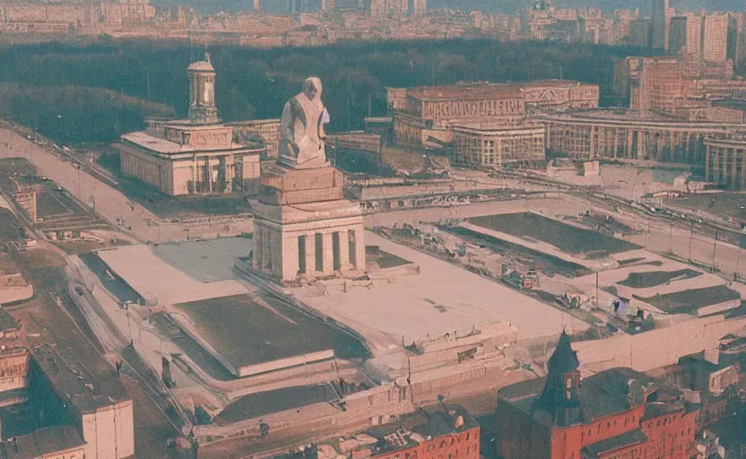 Image similar to high quality 2000s historic footage of soviet square with one lenin statue with stanilist style giant walls , color aerial photo drone, Cinestill 800t, heavy grainy picture, very detailed, high quality, 4k panoramic