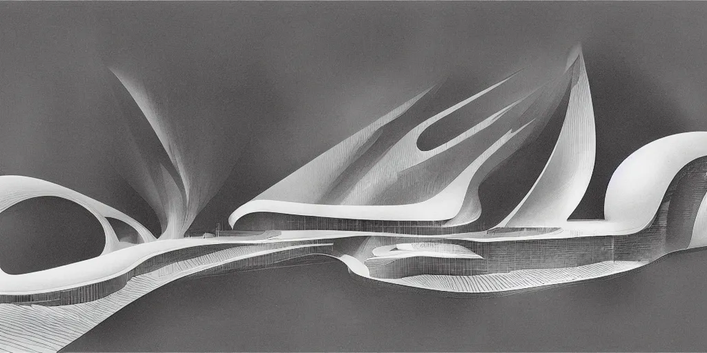 Prompt: gothic golden curve zaha hadid architecture by hugh ferriss