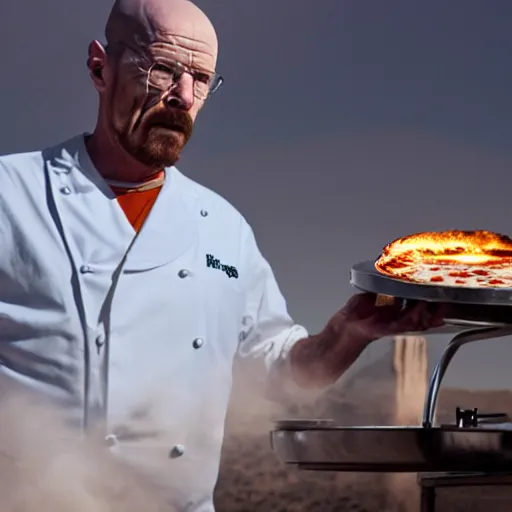 Prompt: walter white cooking a pizza with a blowtorch in the desert, cinematic view, dramatic pose, dramatic lighting