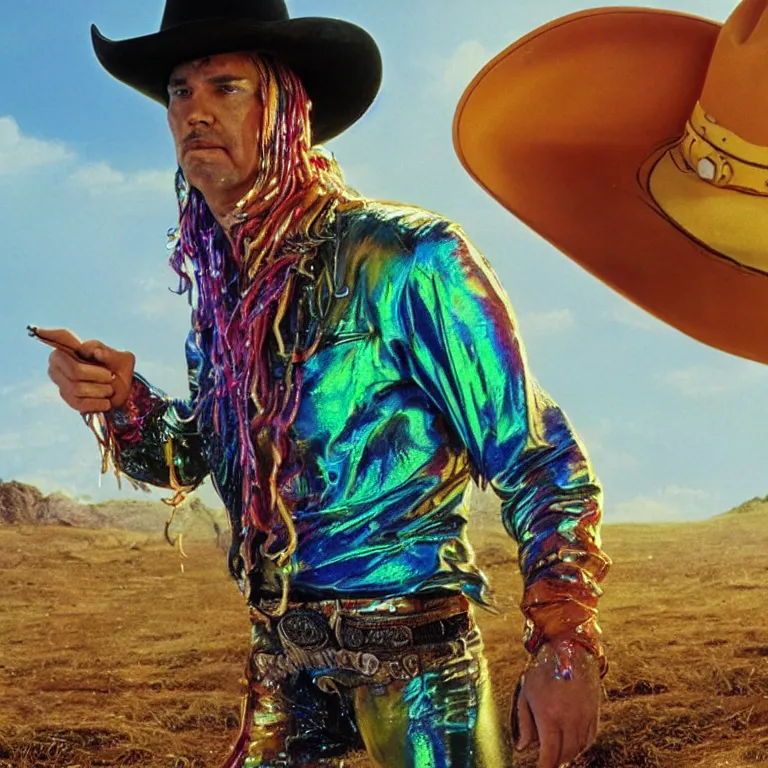 Prompt: 1 9 7 0's spaghetti western film octane render portrait by wayne barlow and carlo crivelli and glenn fabry, a person wearing a shiny colorful iridescent latex suit and cowboy hat covered in colorful slime, standing in a scenic western landscape, cinema 4 d, ray traced lighting, very short depth of field, bokeh