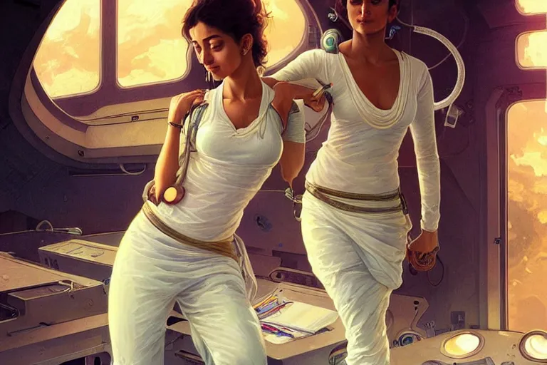 Image similar to Sensual good looking pale young Indian doctors wearing jeans in a space station above Earth performing surgery, portrait, elegant, intricate, digital painting, artstation, concept art, smooth, sharp focus, illustration, art by artgerm and greg rutkowski and alphonse mucha