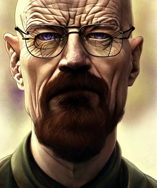 Prompt: Walter White as a nature prophet, sci-fi, amber eyes, face, long hair, fantasy, intricate, elegant, highly detailed, digital painting, artstation, concept art, smooth, sharp focus, illustration, art by artgerm and greg rutkowski and alphonse mucha