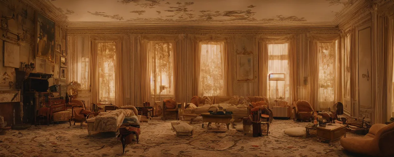 Prompt: wes anderson style interior, rembrandt lighting, imax 4 0 mm anamorphic lens