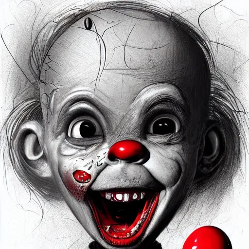 Image similar to surrealism grunge cartoon portrait sketch of chucky with a wide smile and a red balloon, by michael karcz, loony toons style, freddy krueger style, horror theme, detailed, elegant, intricate