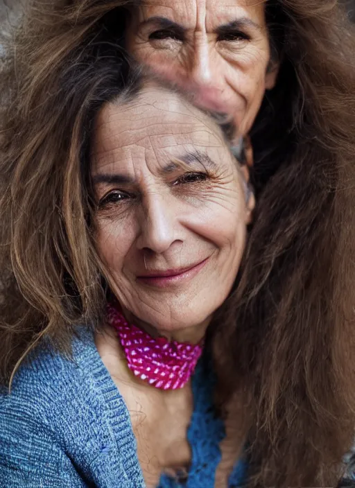 Image similar to portrait of beautiful Spanish 50-year-old well-groomed woman model, with lovely look, happy, candid street portrait in the style of Martin Schoeller award winning, Sony a7R