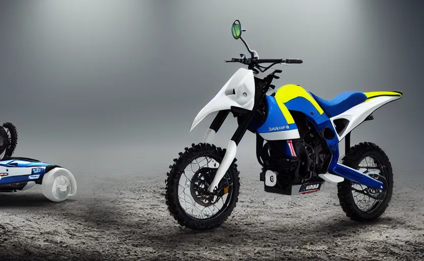 Prompt: suzuki prototype, dakar motorbike, symmetrical mechanical features, designed by professional, fog and dirt, industrial design, northen lights background, brushed white and blue paint, black wheel rims, hard surfaces modelling, show room scene, dramatic lighting, hyper realistic rendering, octane, depth of field, bokeh effect, 1 5 0 mm, 4 k