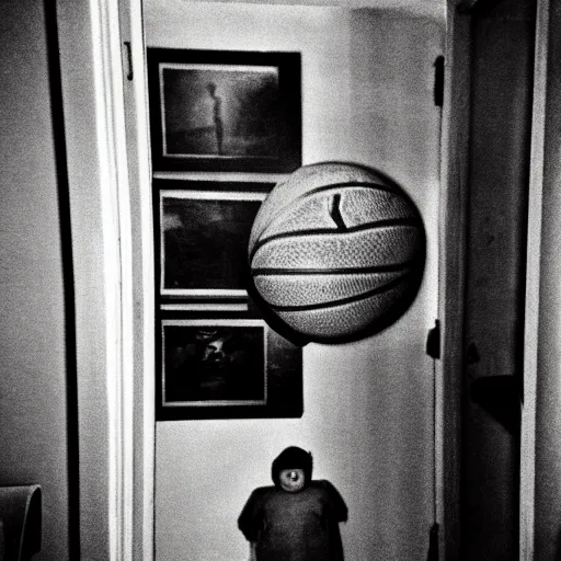 Image similar to grainy photo of a basketball as a creepy monster in a closet, harsh flash