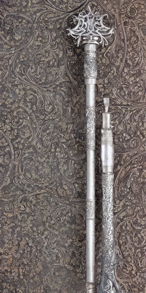 Prompt: a gravity hammer made out of damascene and ornate silver filigree