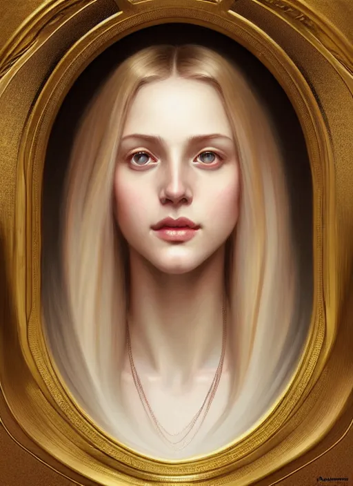 Image similar to symmetrical feminine face, portrait of young woman blessed by god with ever - increasing physical and mental perfection, blonde hair, perfect face!! intricate, elegant, highly detailed, vision of holy perfection!! smile, digital painting, artstation, concept art, smooth, sharp focus, illustration, art by artgerm and greg rutkowski and alphonse mucha