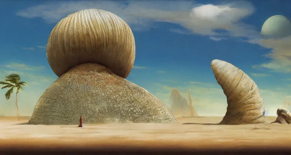 Image similar to a deserted island, giant seashell stands in the middle, a girl standing below, concept art by roger dean and john harris, atmospheric