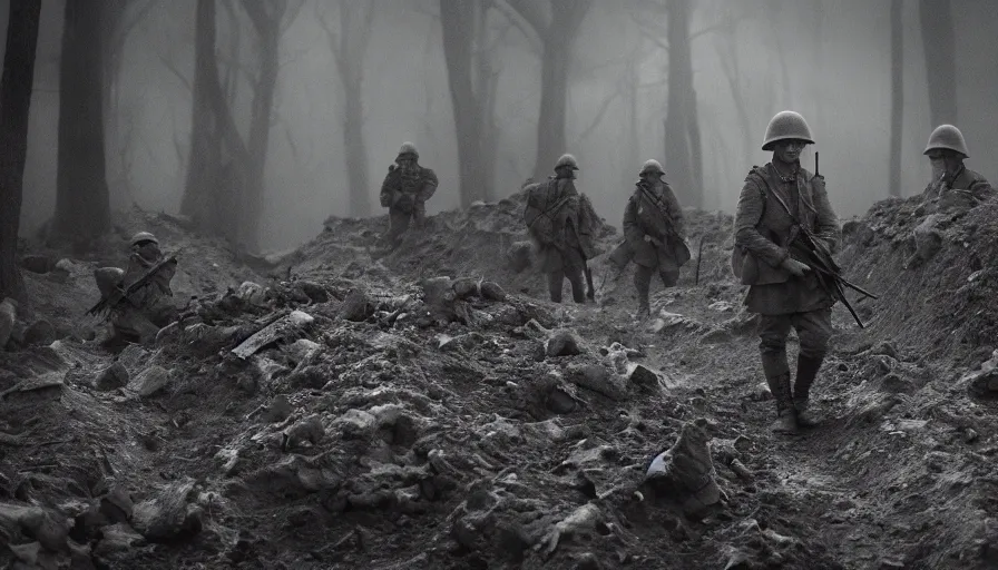 Image similar to ghosts of dead World War 1 soldiers patrolling abandoned trenches, cinematic lighting, IMAX cinematography, 35mm