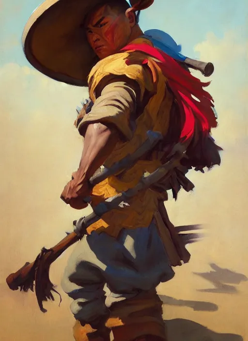 Image similar to greg manchess side portrait of a filipino fighter wearing a jester hat sitting on a tank holding a staff, organic painting, sunny day, matte painting, bold shapes, hard edges, street art, trending on artstation, by huang guangjian, gil elvgren, ruan jia, randy vargas, greg rutkowski