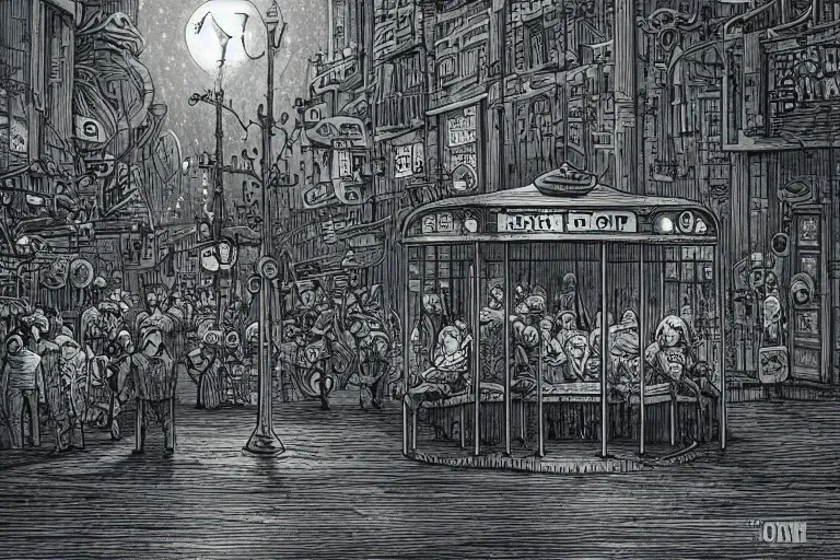 Image similar to a drawing of some people waiting in a lone bus stop in qiet dark city by Joe Fenton