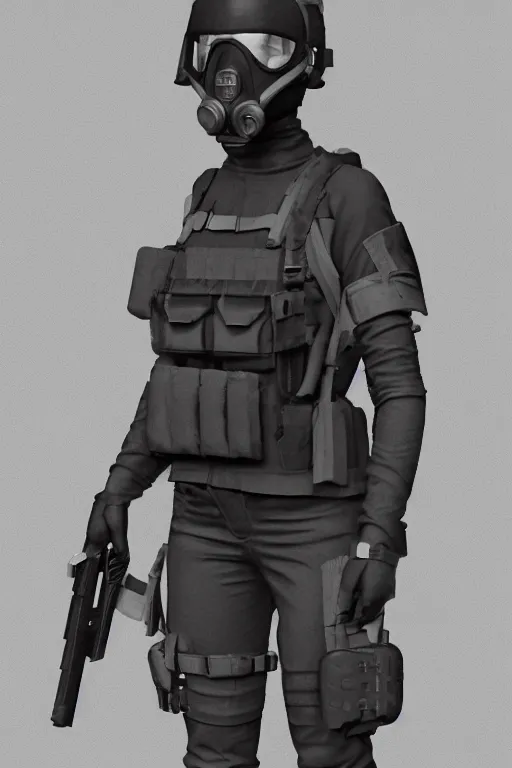 Prompt: british sas female operative with the standard s 1 0 gas mask and the black uniform, 8 0 s, artstation, trending on artstation, establishing shot