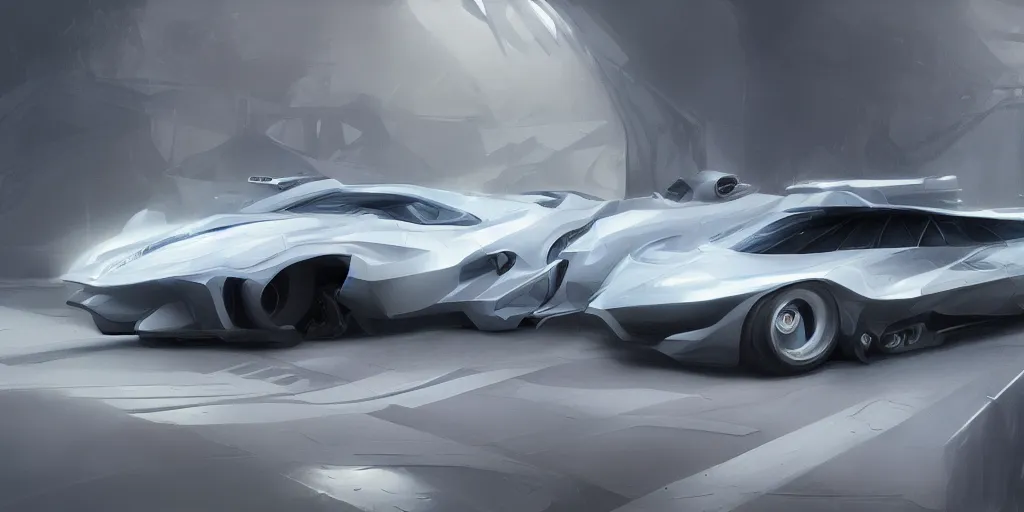 Image similar to full view of a car, painted in white holographic pearlescent, elegant, digital painting, concept art, smooth, sharp focus, art style from Wang Ke and Greg Rutkowski and Bruce Kaiser and Scott Robertson and Dmitry Mazurkevich and Doruk Erdem and Jon Sibal, small style cue from Blade Runner