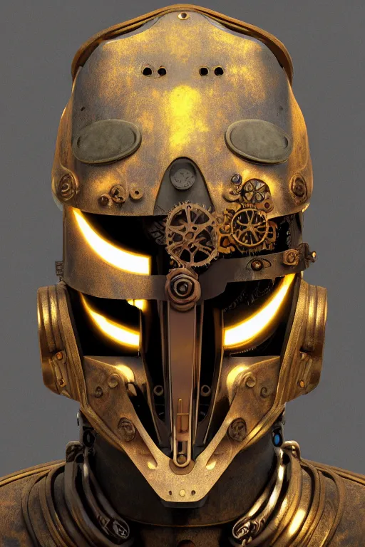 Image similar to steampunk mask minimalist fantasy art robot ninja helmet, global illumination ray tracing hdr fanart arstation by sung choi and eric pfeiffer and gabriel garza and casper konefal radiating a glowing aura