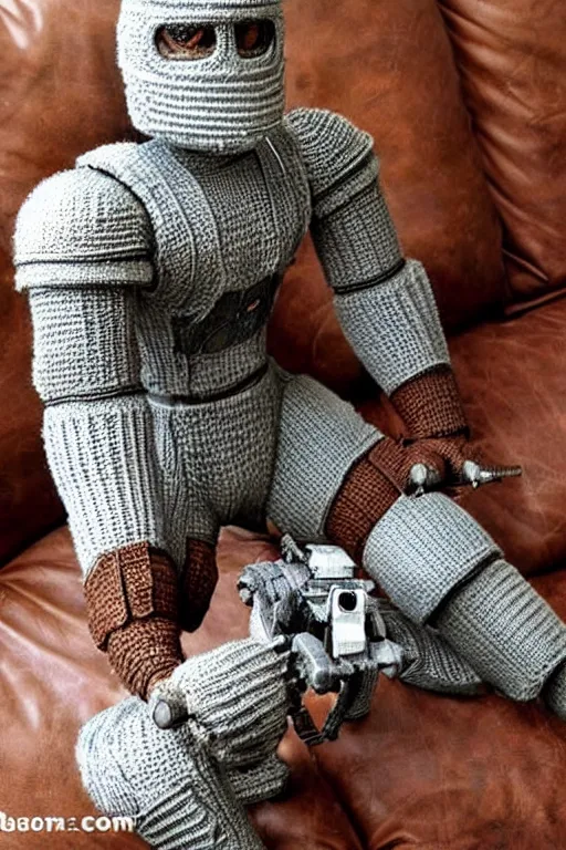 Image similar to knitted power armor from fallout lies on the couch