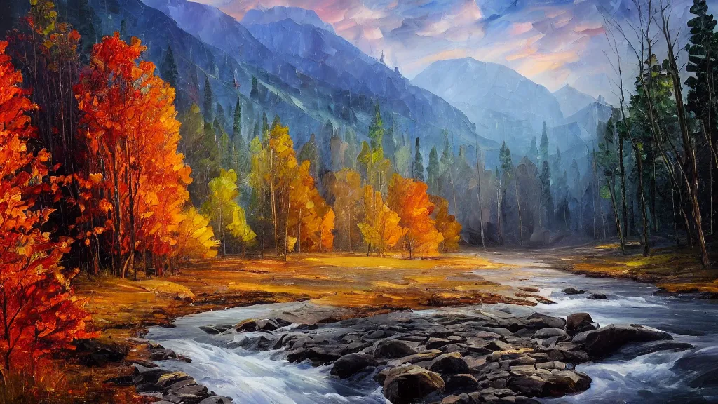 Prompt: A beautiful, highly detailed, very realistic oil painting of some autumn trees, next to a small river, glowing bright blue in the middle of a valley, in a dark evening, with lots of dark grey rocks, oil painting by Afremov and Greg Rutkowski.