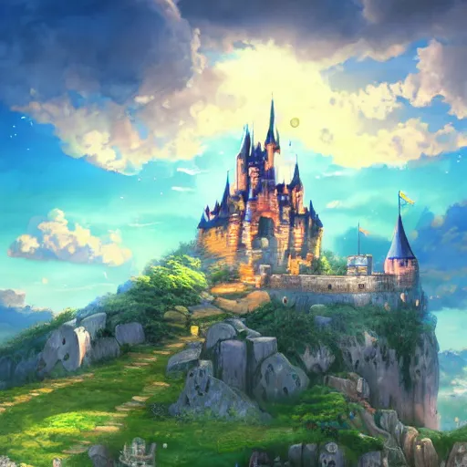 Prompt: photo cartoon illustration comics manga painting of castle, fantastic animal with big eyes, blue skies and lots of clouds, fairy tales, bright colors and high picture, quality, by makoto shinkai, hdr, digital painting, unreal engine, 8 k, volumetric lighting, contra