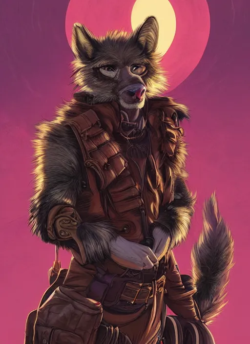 Prompt: aesthetic portrait commission of a of a male fully furry anthro ( pack mule ) with a tail and a beautiful attractive hyperdetailed face wearing wearing a outfit in a sci - fi dystopian city at golden hour while it storms in the background. character design by dayer, diego 5, detailed, inked, western comic book art, award winning film poster painting