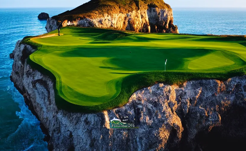 Image similar to a great photograph of the most amazing golf hole in the world, incredible light, cliffs by the sea, perfect green fairway, human perspective, ambient light, 5 0 mm, golf digest, top 1 0 0, fog