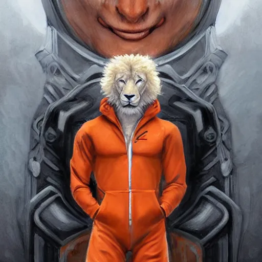 Image similar to aesthetic portrait commission of a of a male fully furry muscular anthro albino lion in orange in full body red jumpsuit outfit like from the film Us (2019) by Jordan Peele ,digital art,art by greg rutkowski, charles bowater, charlie bowater, ross tran, artgerm, and makoto shinkai, detailed face,hyperdetailed,photorealistic,artstation,deviantart,4k,detailed, inked, western comic book art, award winning painting ,high definition