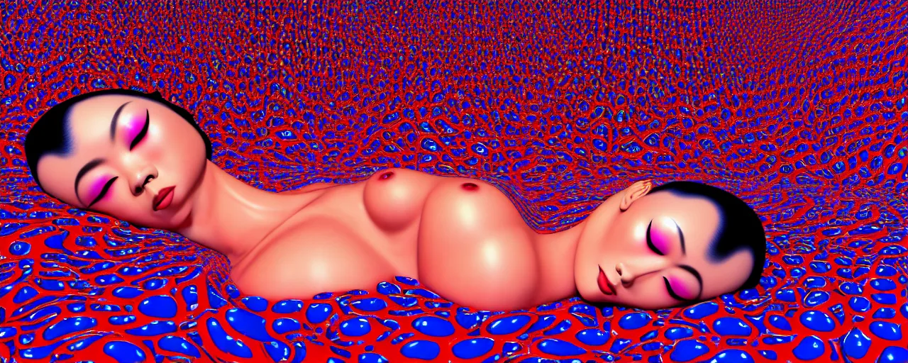 Image similar to realistic detailed image of a geisha laying down in a padded room, conjuring psychedelic background, part by yayoi kusama, part by alex gray, part by ross tran, part by james jean, ultra realistic, highly detailed, life like face, detailed body, 8 k, octane render, trending on artstation, very cohesive, masterpiece