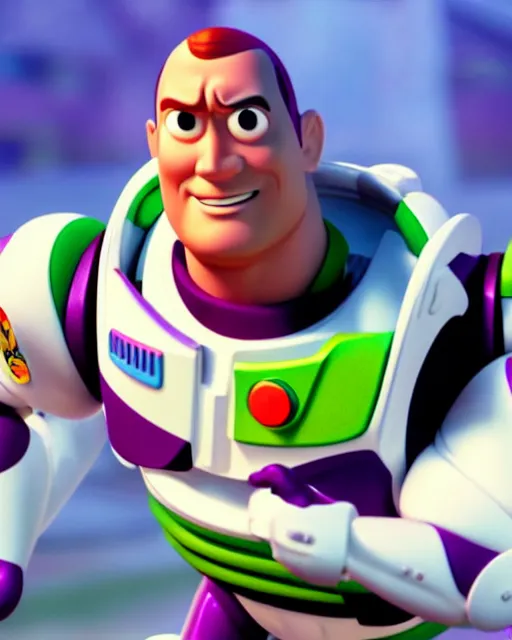 Image similar to Film still close-up shot of Dwayne Johnson as Buzz Lightyear in the movie Toy Story 3. Photographic, photography