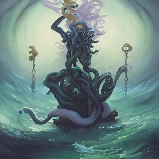 Prompt: cthulu lord of the seas by peter mohrbacher, watercolor
