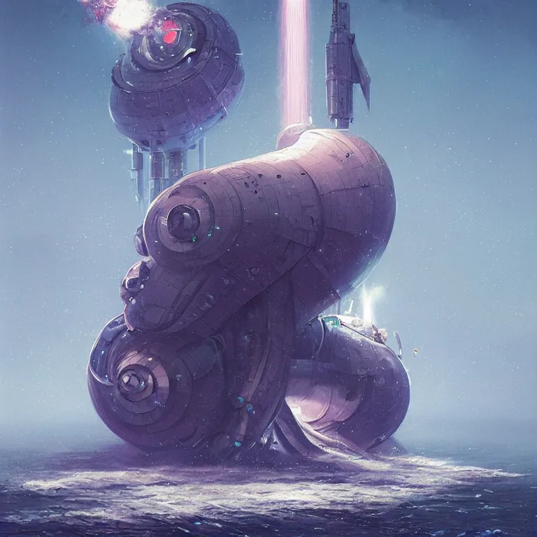 Image similar to mechanical spaceship nautilus dripping wet emerging from a the ocean, launching to space, big booster rocket engines, sci - fi concept art, by john harris, by simon stalenhag, stunning, award winning