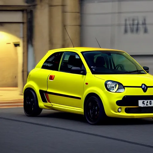 Image similar to a film still of the fast and furious ( 2 0 1 1 ), of a renault twingo 9 3 with neon lights and a huge spoiler, tuning, day time, 9 0 mm, f 4. 0, golden hour lighting, highly detailed, 4 k