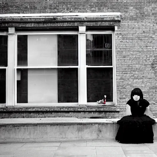 Prompt: a photograph of an emo goth girl sitting on a bench in front of a British house on a hot day, 2006, black hair
