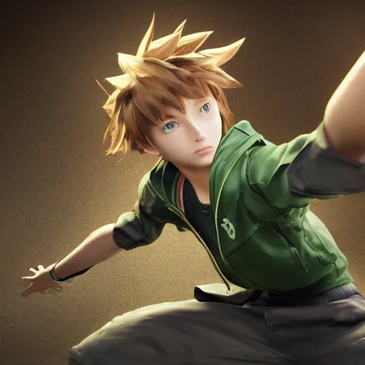 Prompt: a brown haired green eyes boy in a dynamic pose. character design. gesture drawing. line of action. official art, unreal engine 5, unreal engine. tetsuya nomura. medium shot. ray tracing hdr. 8 k. uhd. sharp focus. highly detailed. masterpiece. anime render. cinematic lighting. lifelike. symmetrical face. beautiful face