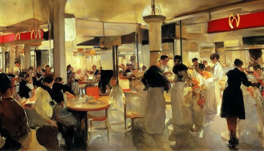 Prompt: a Busy mcdonalds interior with customers, painting by Joaquin Sorolla