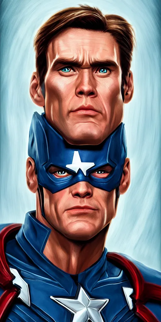 Image similar to captain america played by jim carrey, face portrait, battle shot, hd shot, fantasy art, artstation, comic style