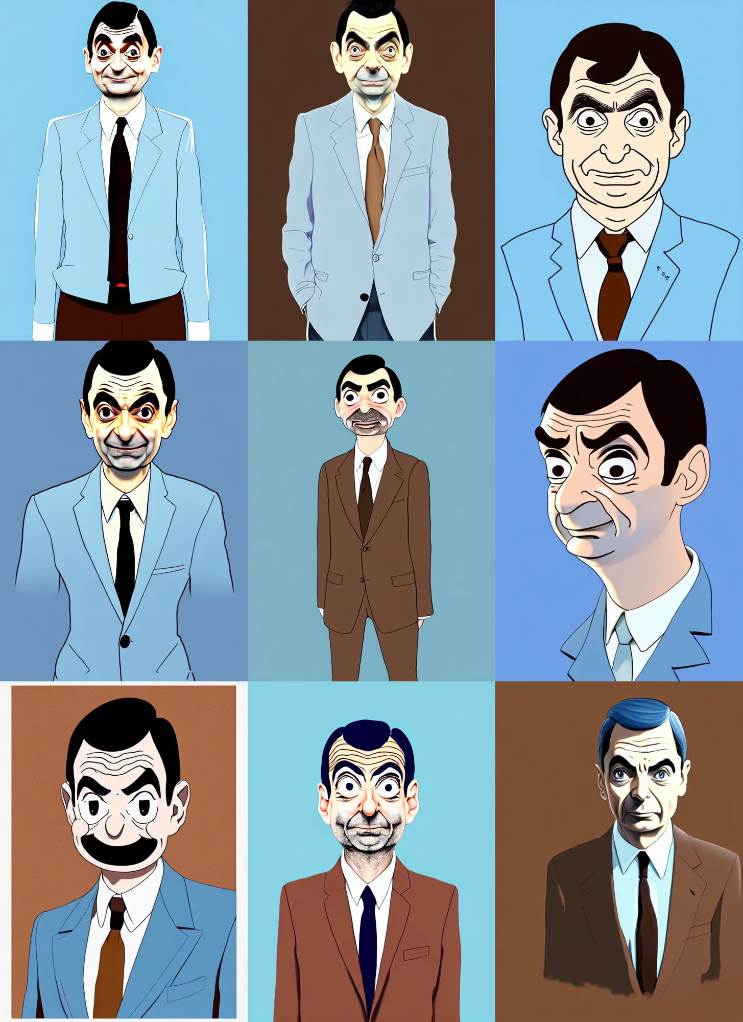 Prompt: portrait of a mr. bean, in style of rick wade art, dynamic lighting, gradient light blue, brown, blonde cream and white color scheme, anime aesthetic